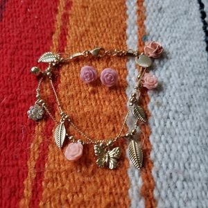 Rose charm bracelet with rose earrings
